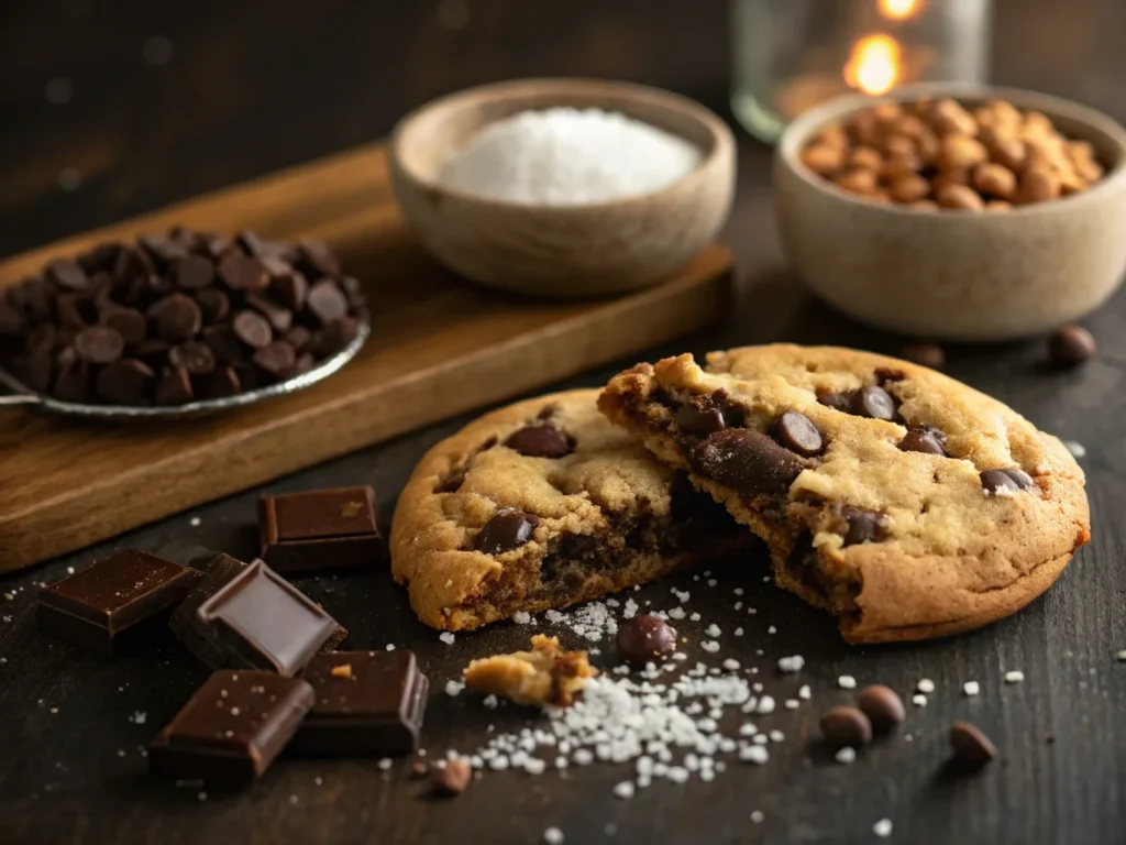 A giant chocolate chip cookie broken in half, showcasing melted chocolate and soft, chewy texture.