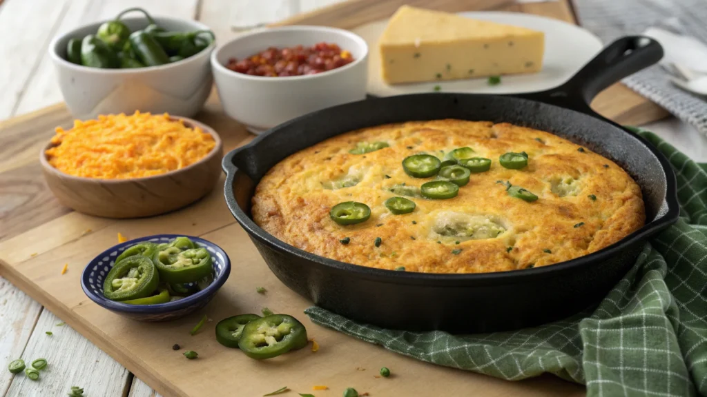 Close-up shot of Jiffy Mexican Cornbread baked in a cast-iron skillet, topped with melted cheese and jalapeños, surrounded by fresh ingredients.