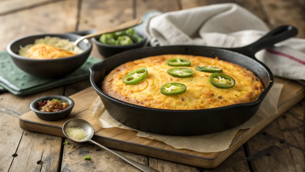 Golden-brown Jiffy Mexican Cornbread in a cast iron skillet topped with melted cheese and jalapeño slices.