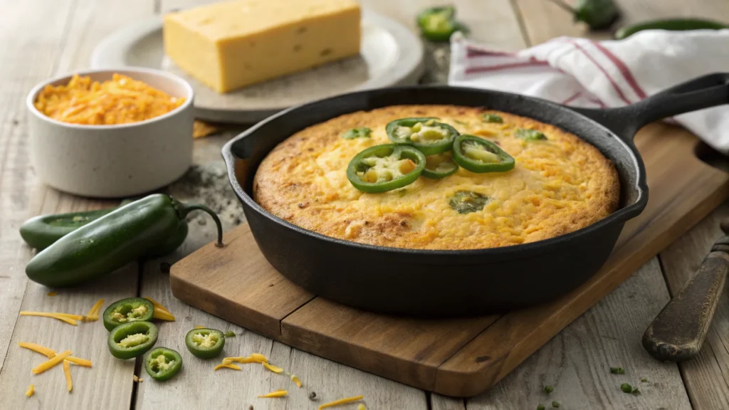 "Golden-brown Mexican cornbread in a cast-iron skillet garnished with jalapeño slices and melted cheese."