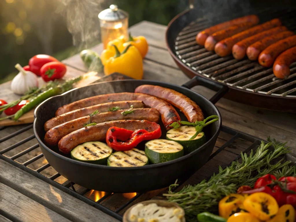 Smithfield smoked sausages sizzling on a grill, with char marks and grilled vegetables in a backyard BBQ setup.