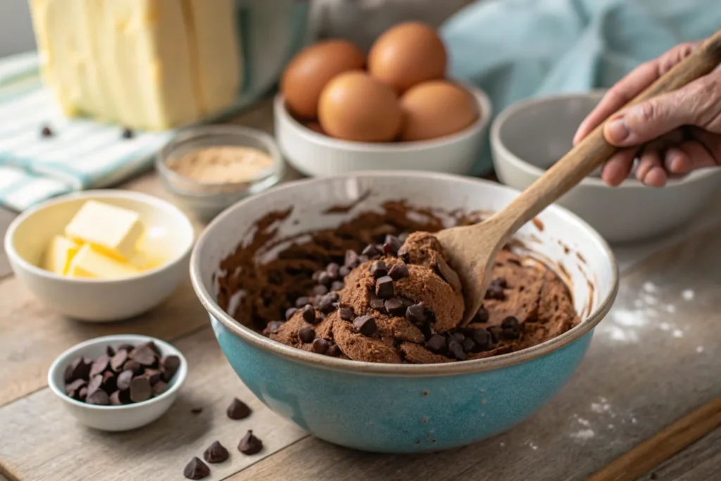 A mixing bowl filled with cookie dough for Trader Joe's Chocolate Chocolate Chip Cookies, with chocolate chips being stirred in.