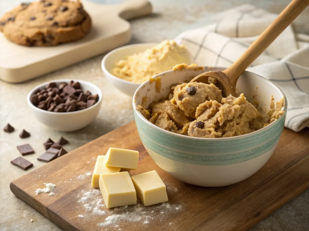  A mixing bowl with thick Crisco chocolate chip cookie dough, with chocolate chips and butter in the background.