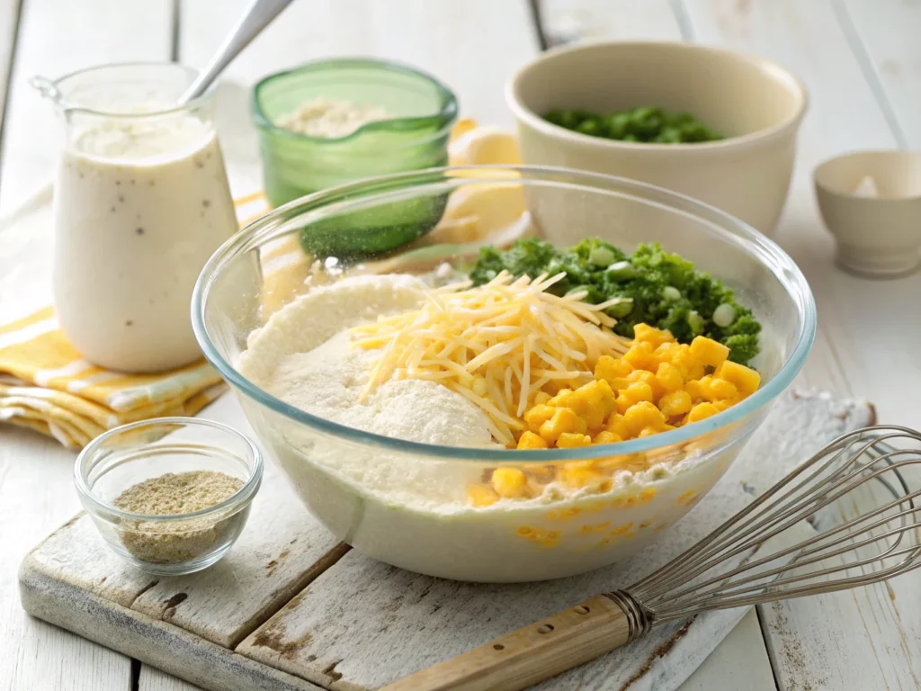  Mixing bowl with Jiffy Corn Muffin Mix batter, cheese, creamed corn, and diced jalapeños, with a whisk on a wooden counter.