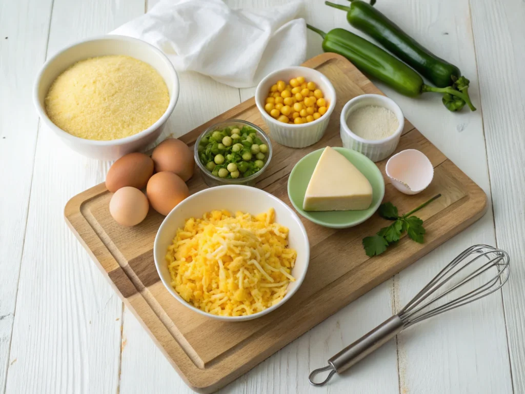 "Ingredients for Mexican cornbread including cornmeal, eggs, jalapeños, cheese, and creamed corn, neatly arranged on a wooden board."