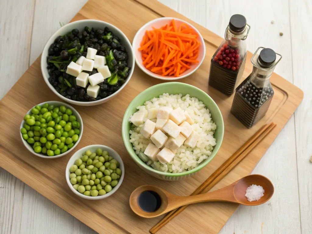 Ingredients for Trader Joe’s Japanese-Style Fried Rice, including rice, edamame, tofu, hijiki seaweed, and carrots.