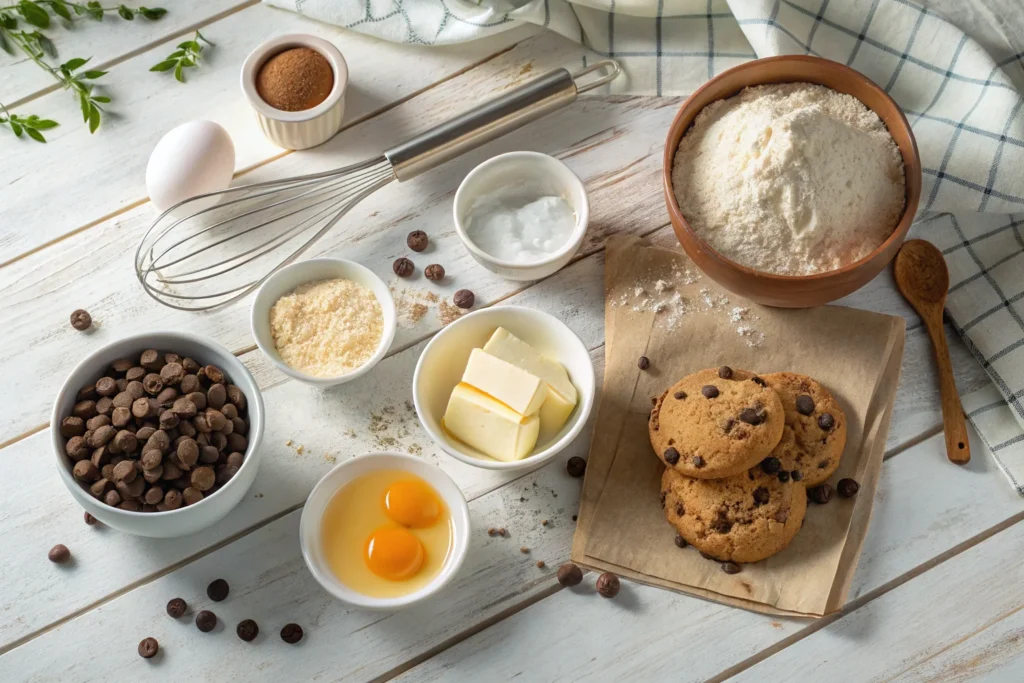 Chocolate chip cookie ingredients including flour, sugar, butter, eggs, and chocolate chips arranged on a wooden countertop.