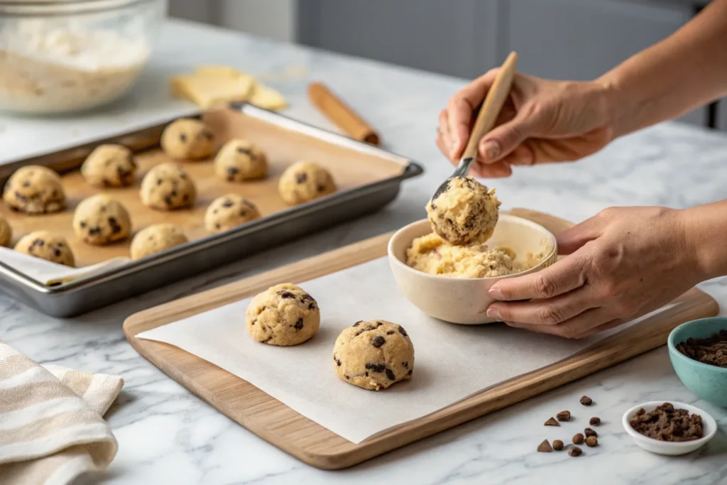 Hands stuffing a creamy cheesecake filling into chocolate chip cookie dough, with a baking tray in the background.