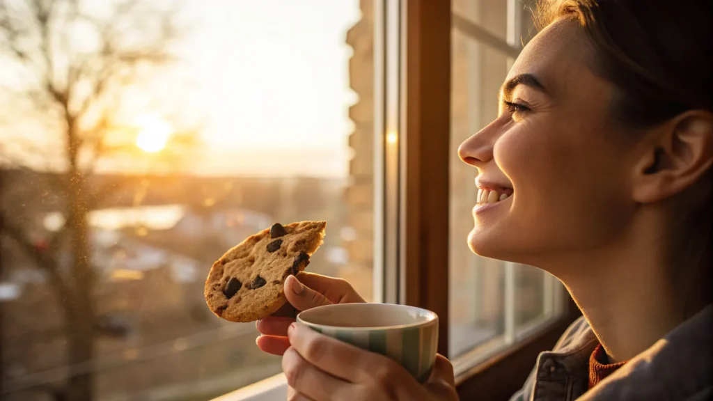 A person holding a half-eaten chocolate chip cookie and a cup of tea, gazing out a window with a peaceful expression.