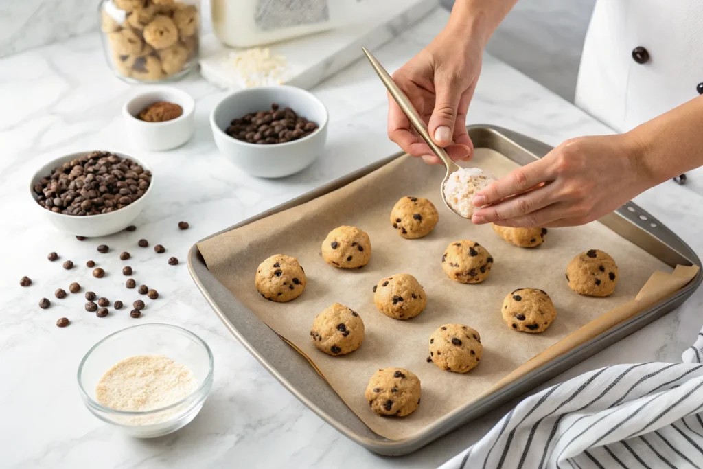 A person scooping Pillsbury sugar-free chocolate chip cookie dough onto a baking sheet, preparing for baking.