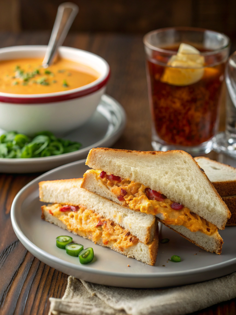 A pimento cheese sandwich with a creamy, tangy filling, served on toasted white bread alongside a warm bowl of potato soup.