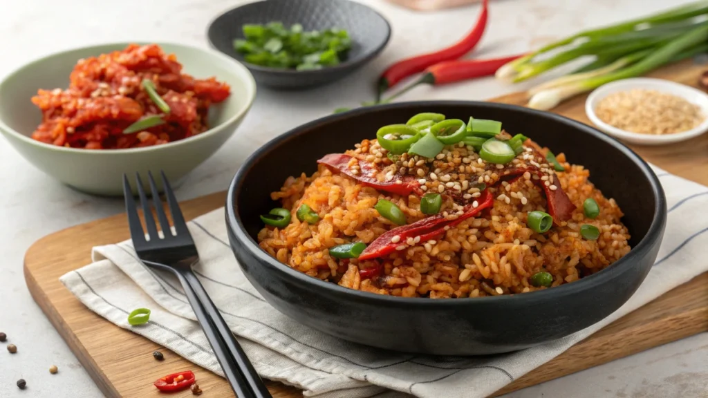 Overhead view of buldak fried rice garnished with sesame seeds and green onions, served in a black ceramic bowl with a side of kimchi.