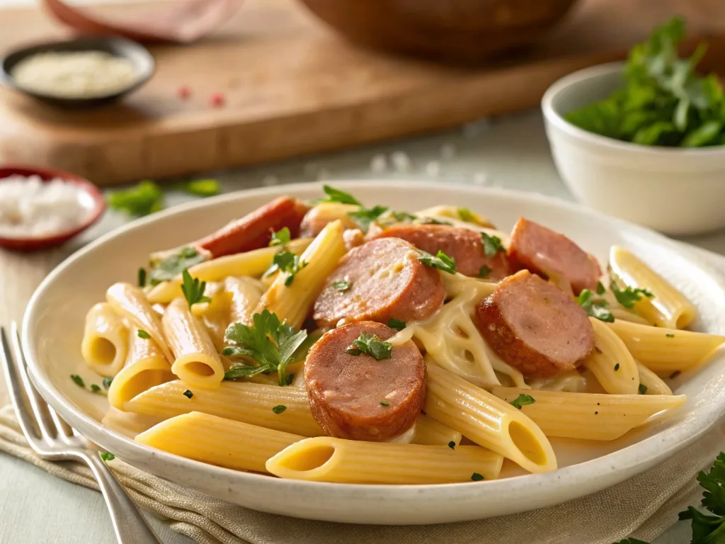 ajun sausage pasta made with Smithfield smoked sausage, creamy Cajun sauce, penne pasta, and fresh parsley garnish.