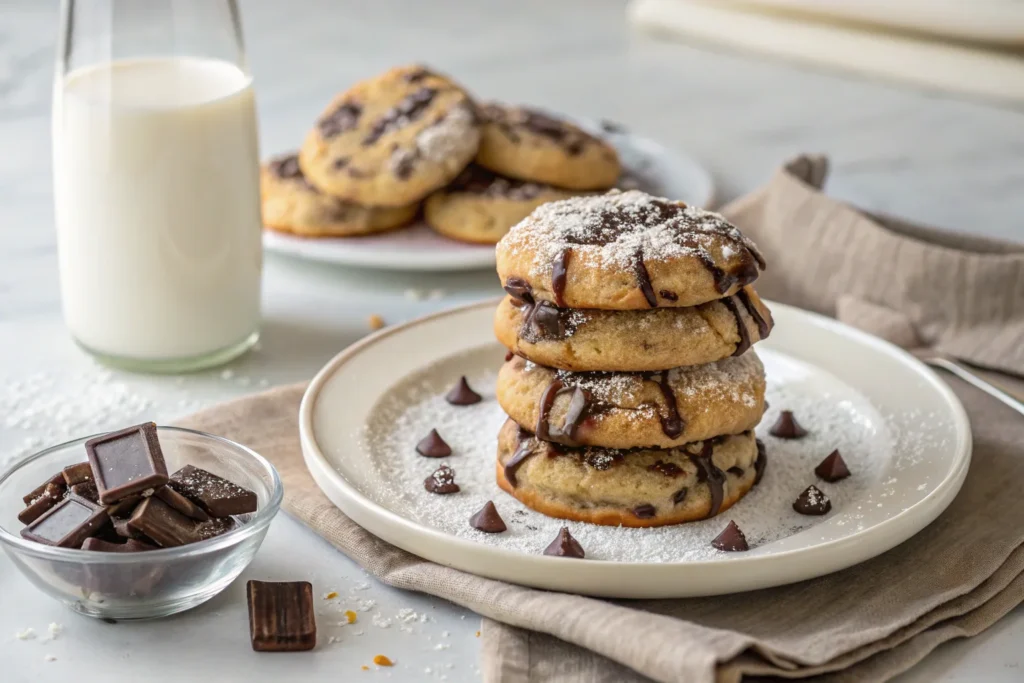  A plate of chocolate chip cheesecake cookies stacked with a drizzle of melted chocolate and powdered sugar, next to a glass of milk.