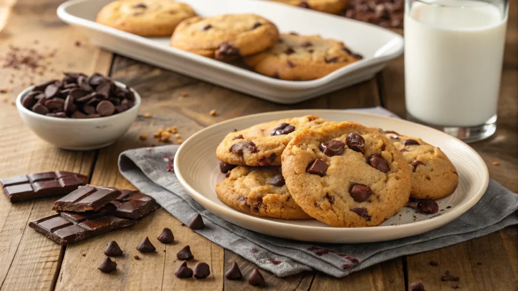 A stack of warm Crisco chocolate chip cookies with gooey chocolate chunks on a wooden table, accompanied by a glass of milk.