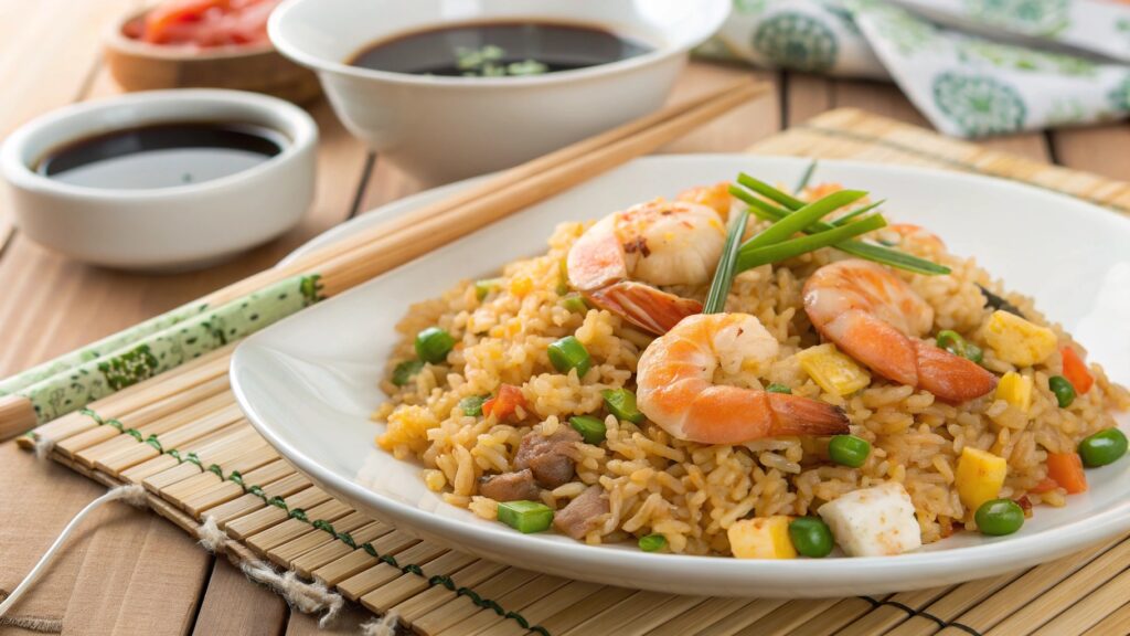 Freshly made Chinese fried rice with shrimp, vegetables, and scrambled eggs served on a traditional plate with soy sauce on the side.