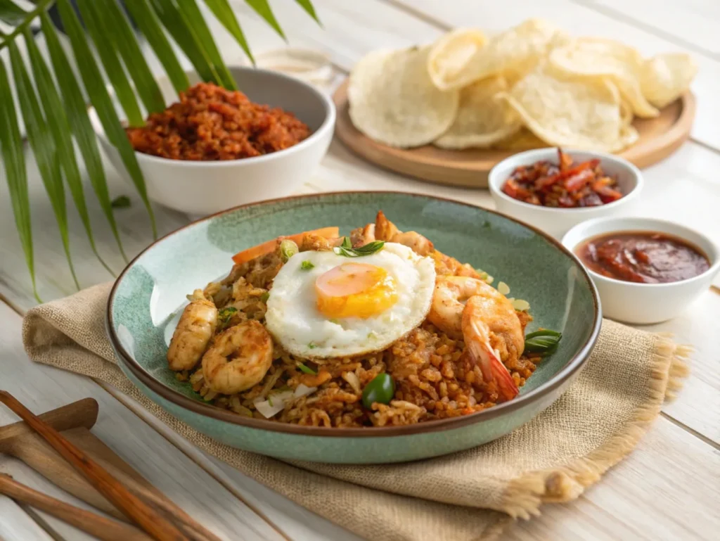 Plate of Indonesian nasi goreng with a fried egg, prawn crackers, and chili paste.