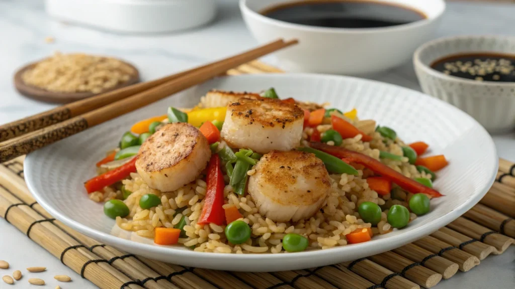 A plate of scallop stir-fried rice with golden scallops, vegetables, and chopsticks on a bamboo mat.