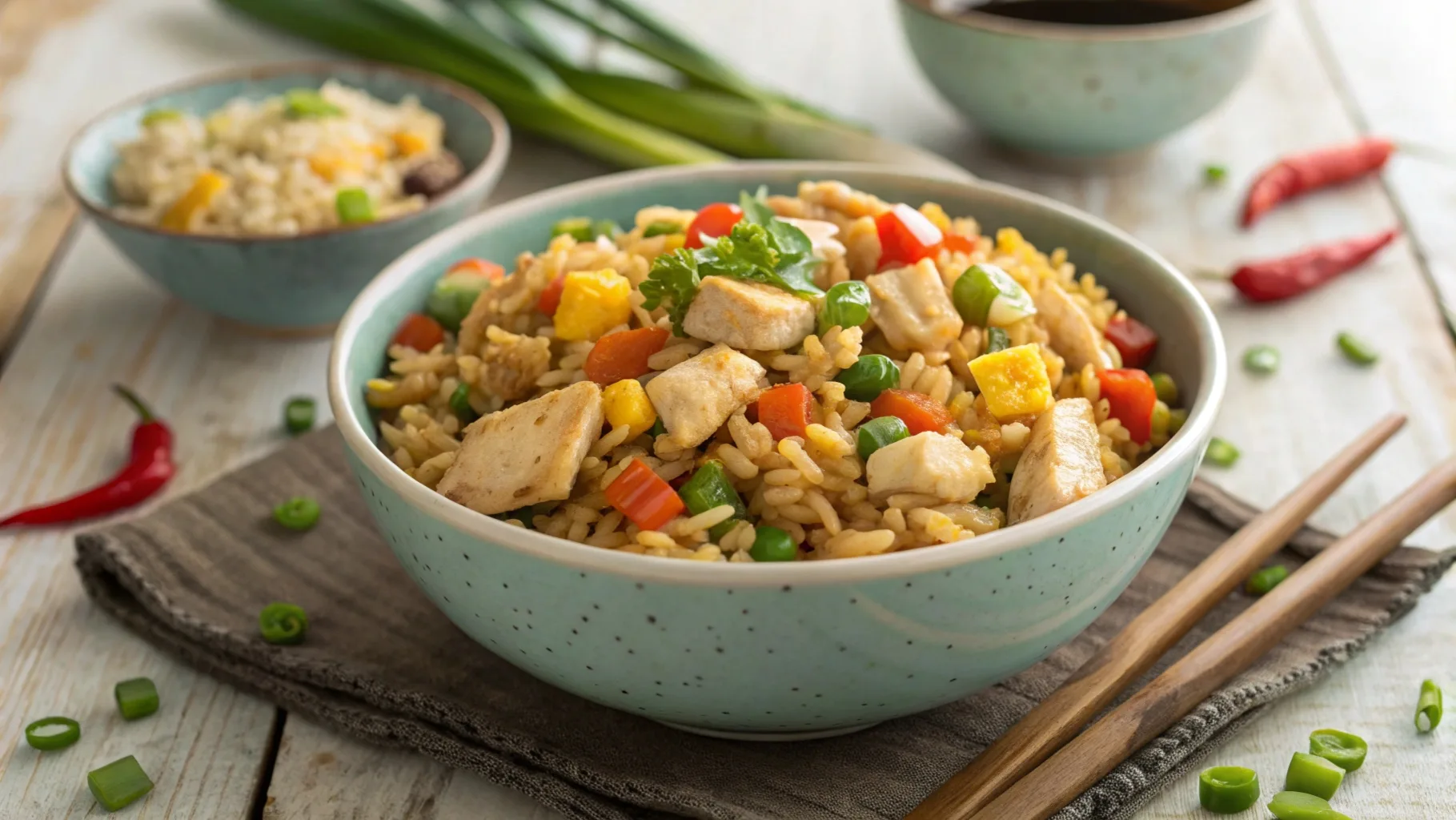 Bowl of fried rice with vegetables, chicken, and scallions on a wooden table.