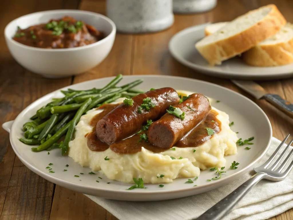  Plated serving of smoked sausage in brown gravy over mashed potatoes with green beans and crusty bread on a wooden table.