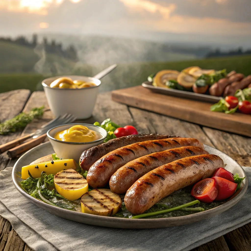 Grilled Smithfield smoked sausages with natural casings, served with mustard and vegetables on a wooden platter.