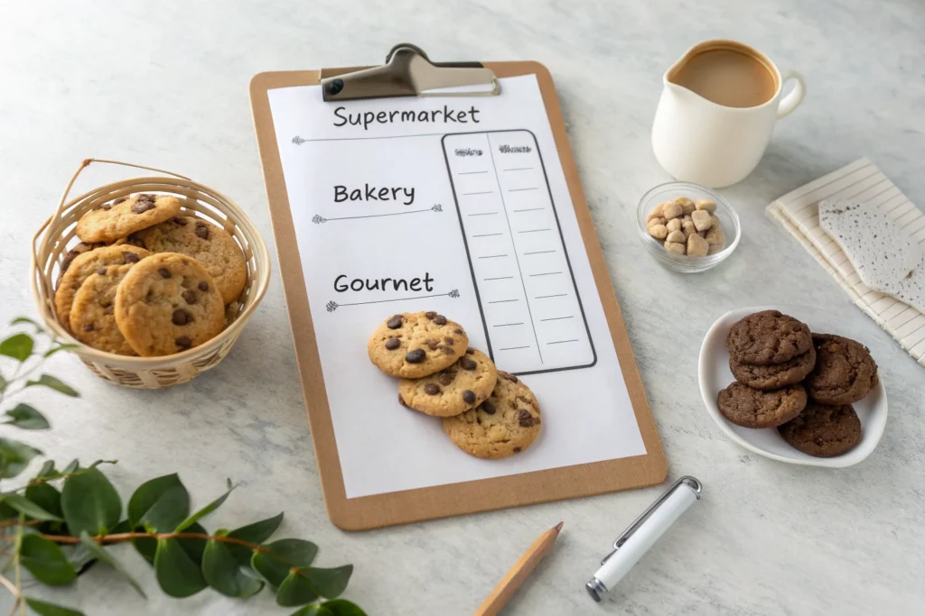 A handwritten price comparison chart for supermarket, bakery, and gourmet chocolate chip cookies, displayed next to actual cookies.