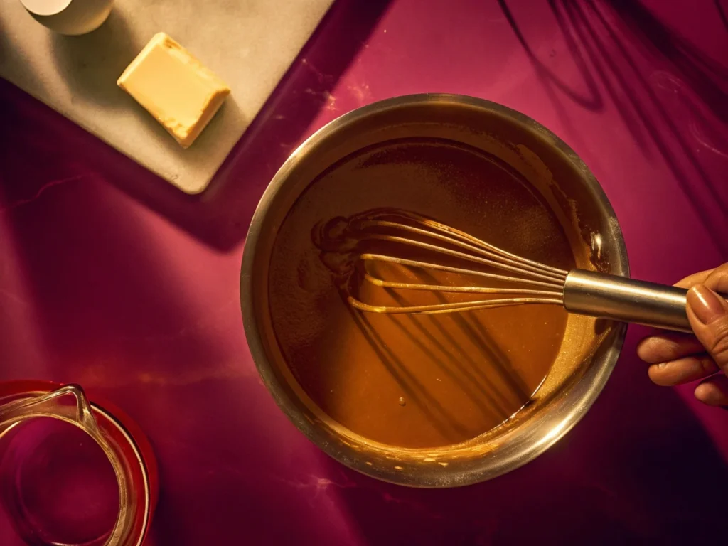  A saucepan of brown gravy being whisked smooth, with flour, butter, and broth ingredients nearby.