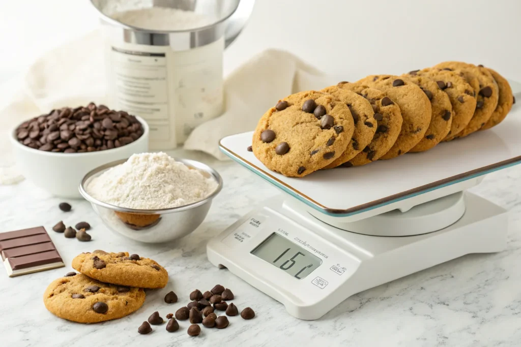  A digital scale weighing a pile of chocolate chip cookies, with flour and chocolate chips in the background.