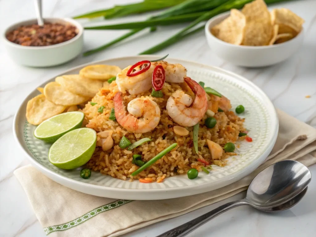 A plate of Burmese garlic fried rice topped with crispy garlic chips and green onions, served with lime wedges on a wooden tray.