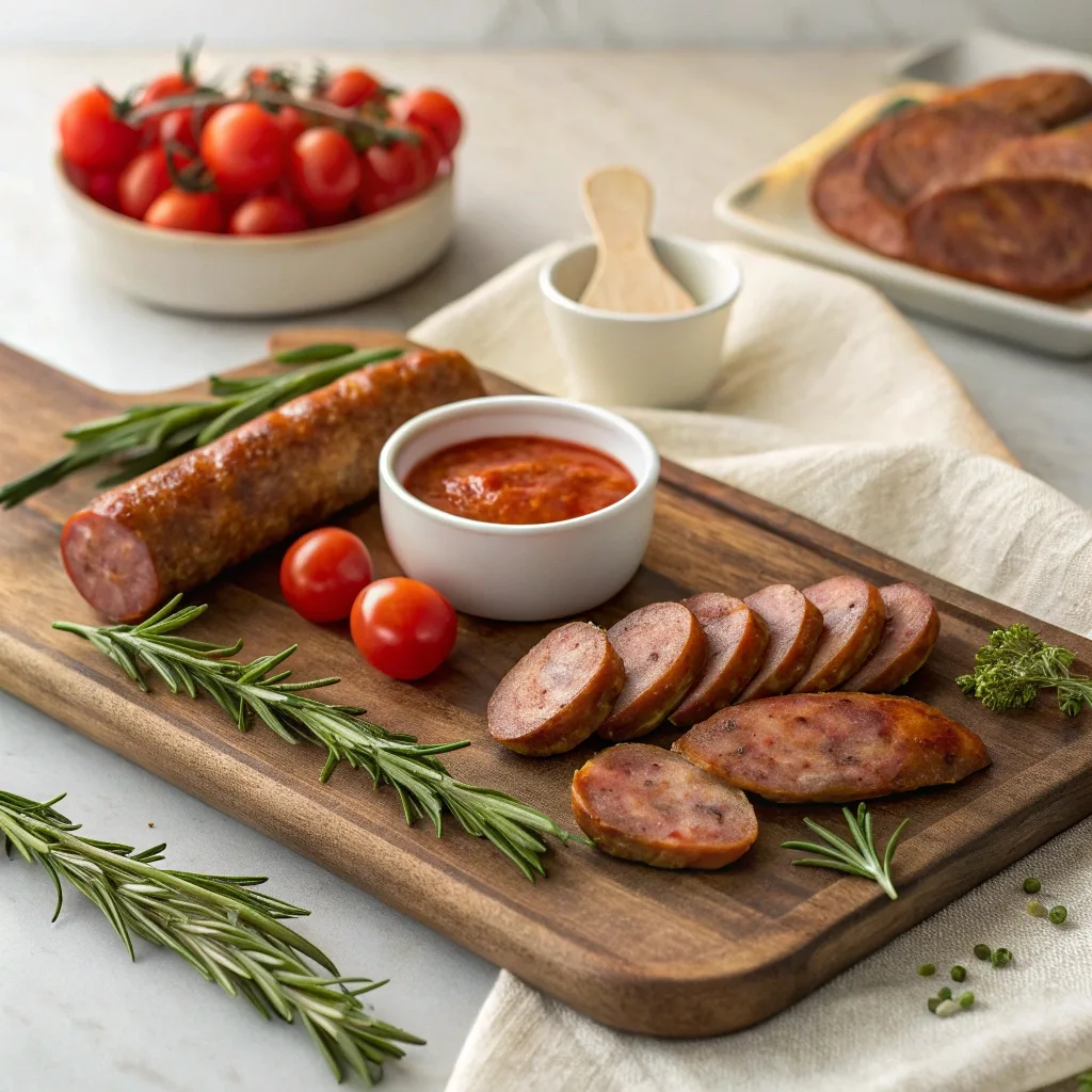 Sliced smoked Italian sausage served with tomato dipping sauce and rosemary garnish."