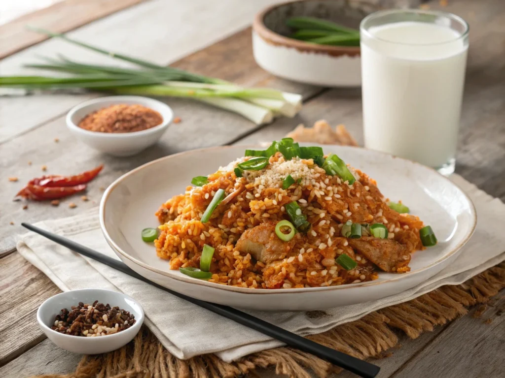  Side angle of buldak fried rice served on a white plate, garnished with melted cheese, sesame seeds, and green onions, with chili flakes nearby.