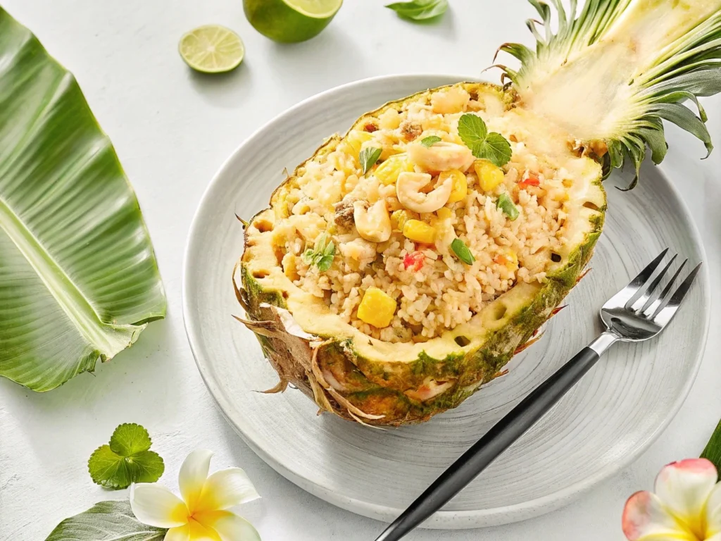 Pineapple fried rice in a hollowed-out pineapple, garnished with cashews, cilantro, and lime wedges on a plate with tropical décor.