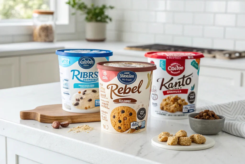 Side-by-side comparison of Pillsbury Sugar-Free Chocolate Chip Cookie Dough with Rebel and Lakanto sugar-free cookie dough brands.