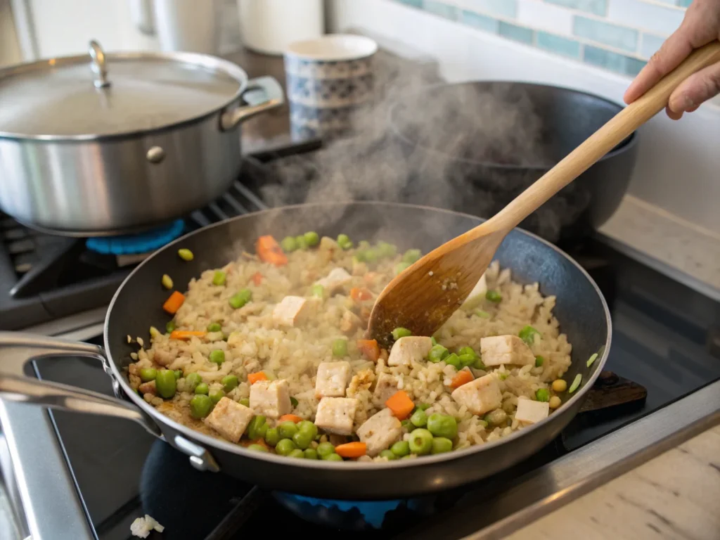 Cooking process of Japanese fried rice Trader Joe's in a skillet, with steam rising and a wooden spoon stirring the rice.