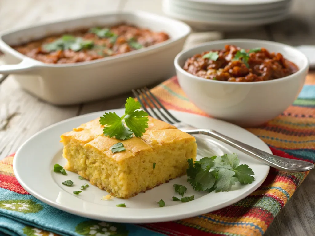 A slice of Jiffy Mexican Cornbread on a plate, served with chili and garnished with cilantro.