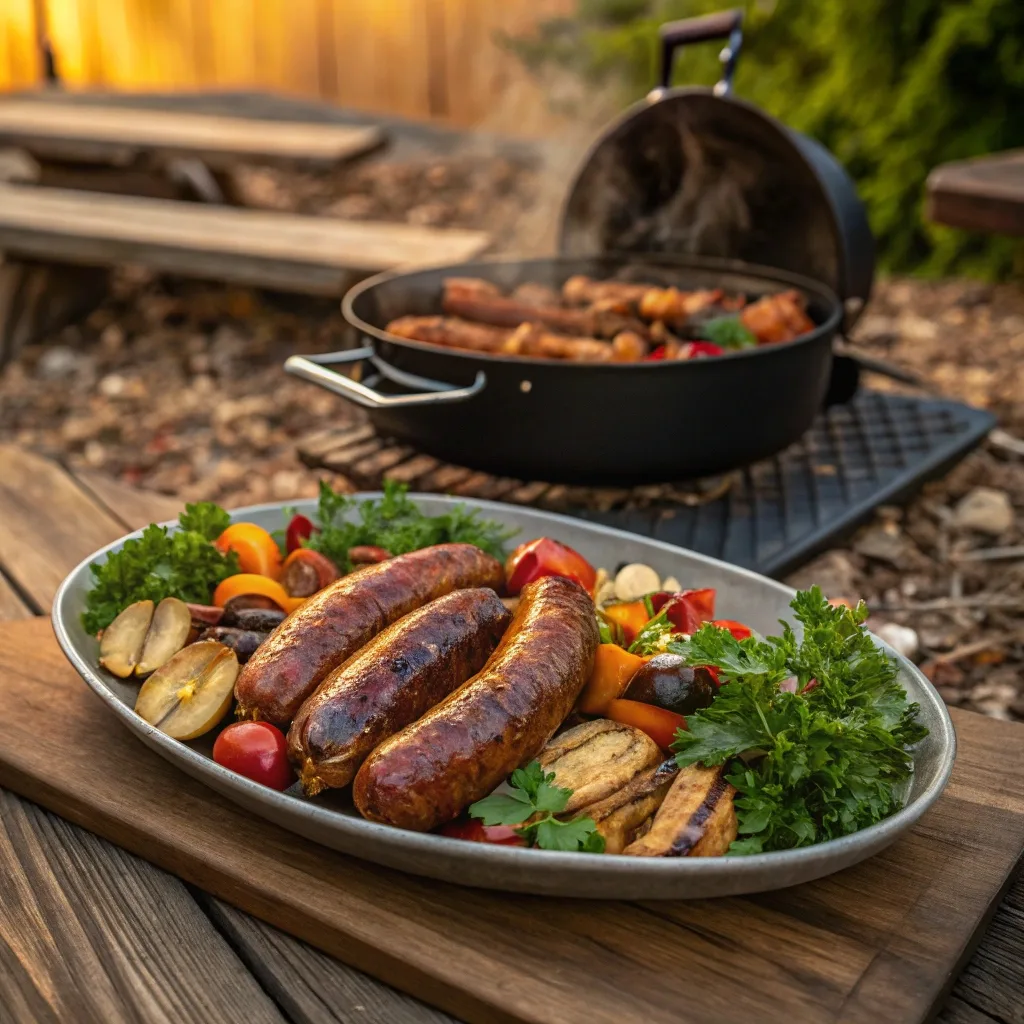 Rustic smoked Italian sausage platter surrounded by roasted vegetables and wood chips."