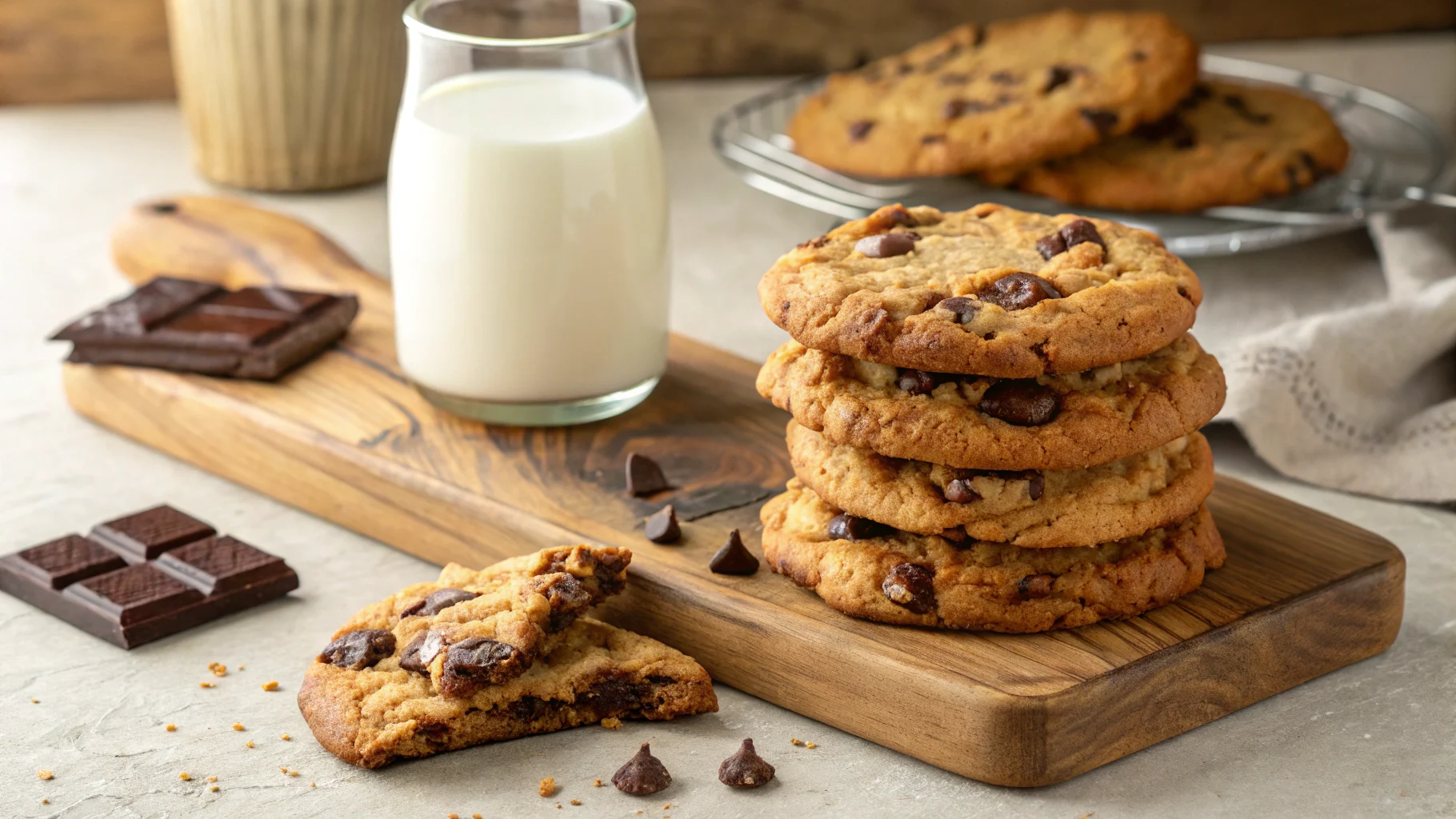 Freshly baked fricken delicious giant chocolate chip cookies stacked on a wooden board with melted chocolate chips.