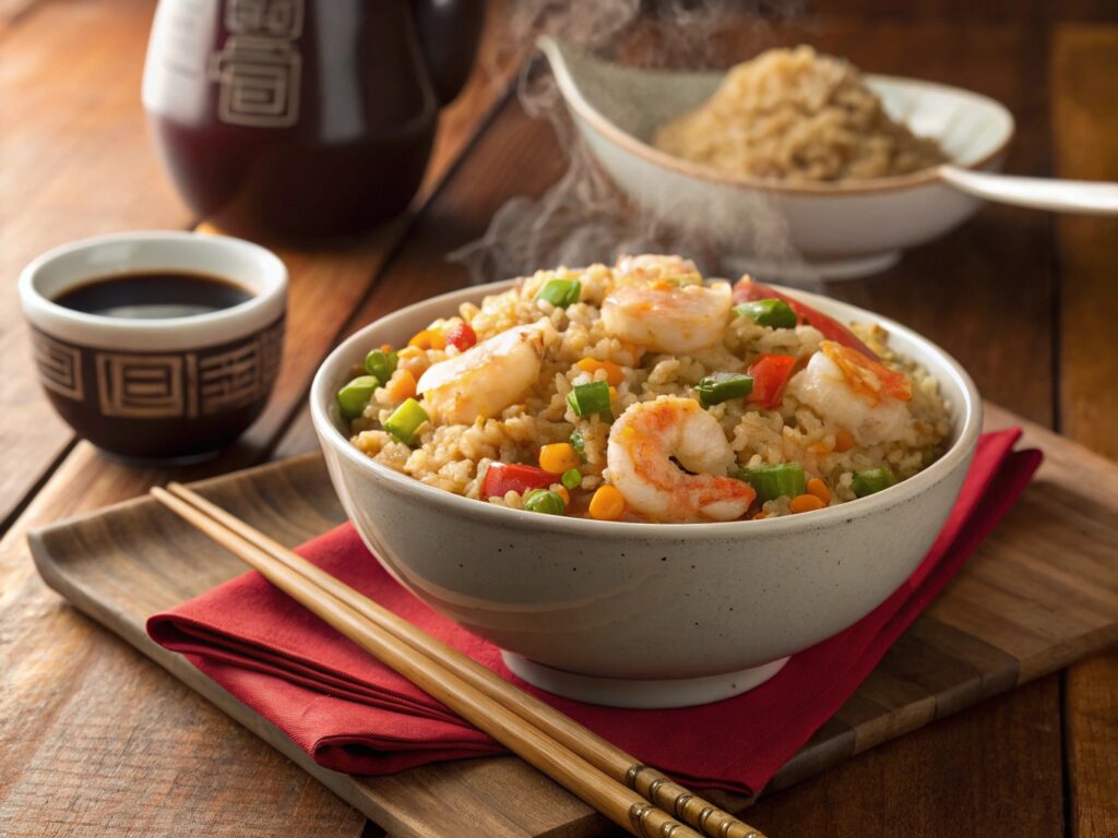 Steaming bowl of shrimp fried rice served with colorful vegetables and soy sauce, highlighting China King's delicious offerings.