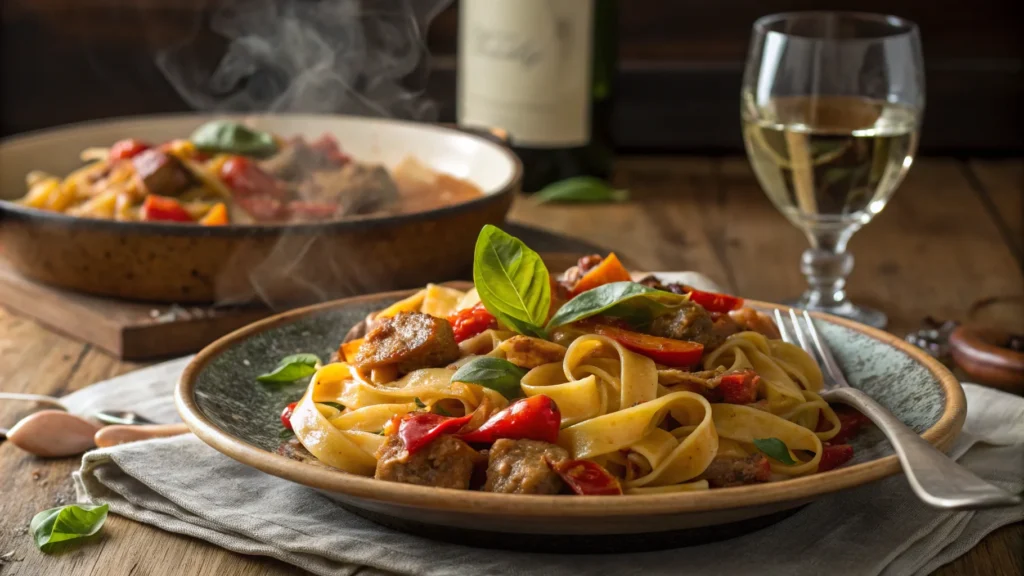 A steaming plate of Italian Drunken Noodles with spicy sausage and bell peppers, garnished with fresh basil.