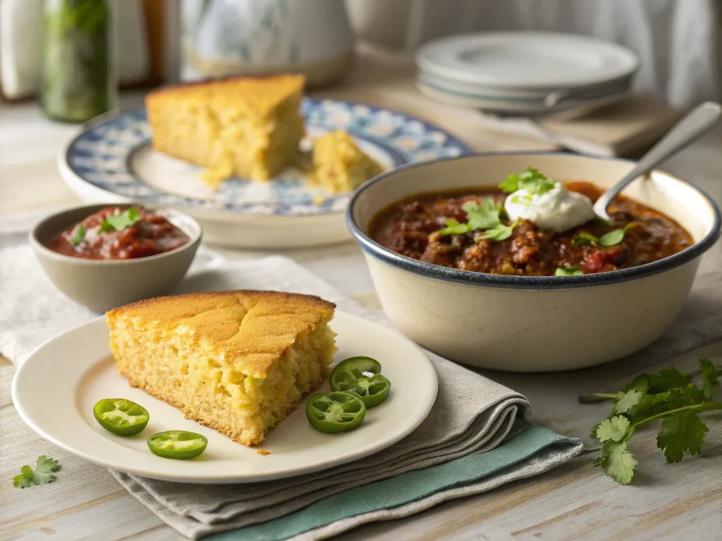 Slice of Jiffy Mexican Cornbread served with a bowl of chili, garnished with jalapeños and cilantro.