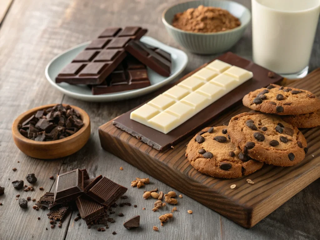 A selection of dark, milk, and white chocolate pieces next to a plate of warm Disney chocolate chip cookies.