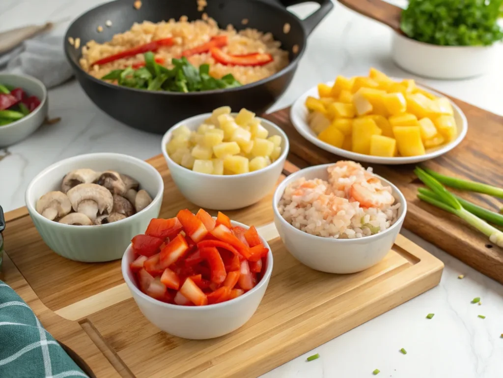  Colorful ingredients for fried rice, including bell peppers, pineapples, mushrooms, and shrimp in small bowls.