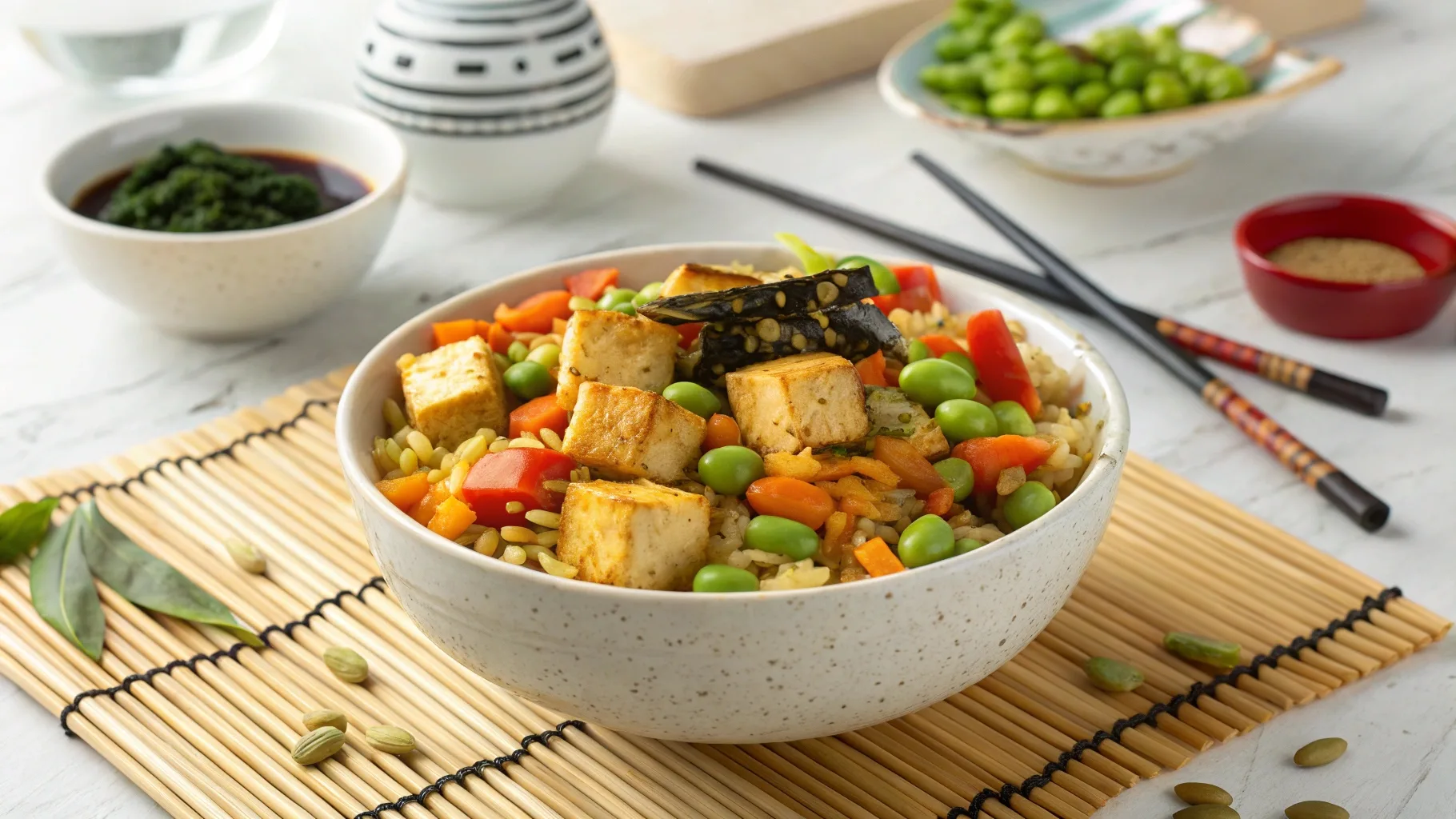 Trader Joe's Japanese-Style Fried Rice with tofu, edamame, and hijiki seaweed in a bowl, steam rising.