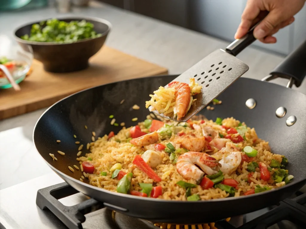 Wok filled with vibrant lobster fried rice being stir-fried with vegetables and scallions.