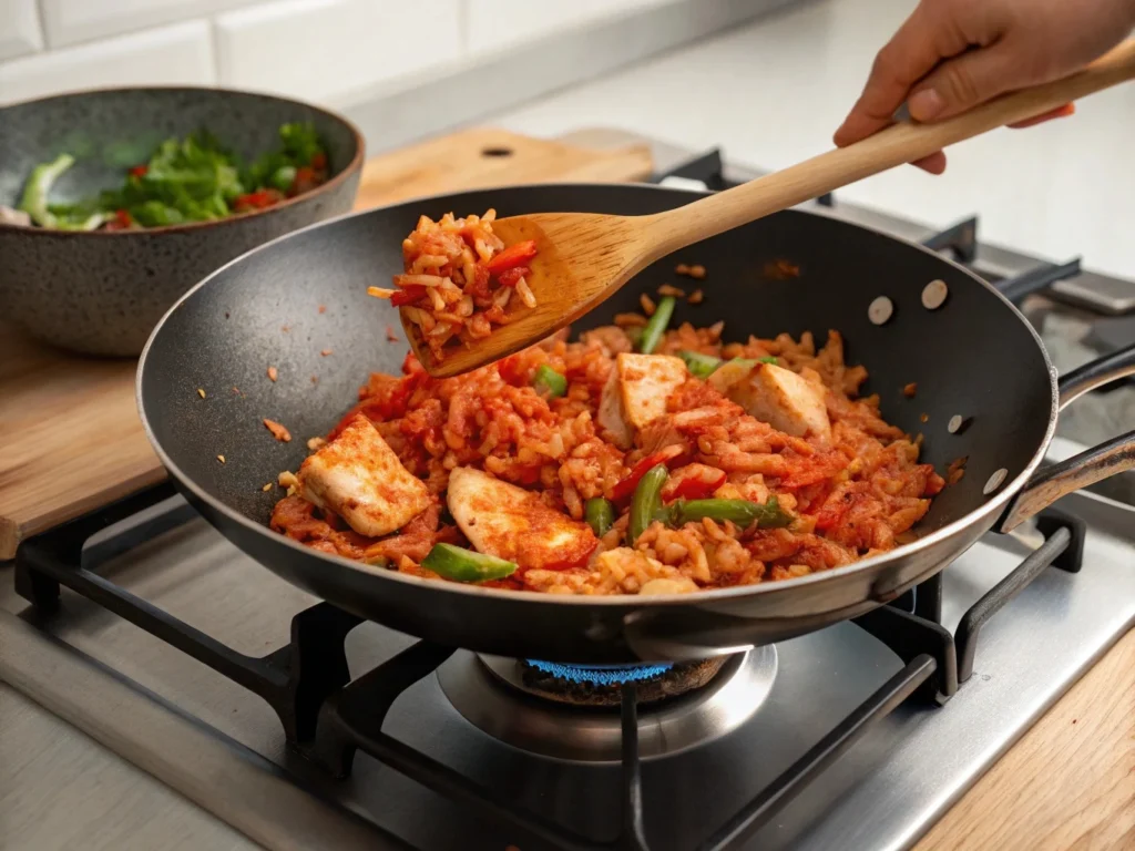 Close-up of buldak fried rice being stir-fried in a wok, with bright red sauce, vegetables, and chicken tossed with a wooden spatula.