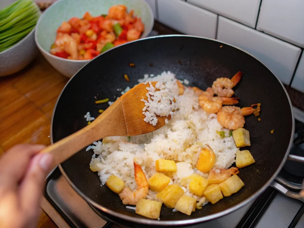  Wok with jasmine rice, pineapple, and shrimp being stir-fried, with visible vegetables and seasonings in the background.