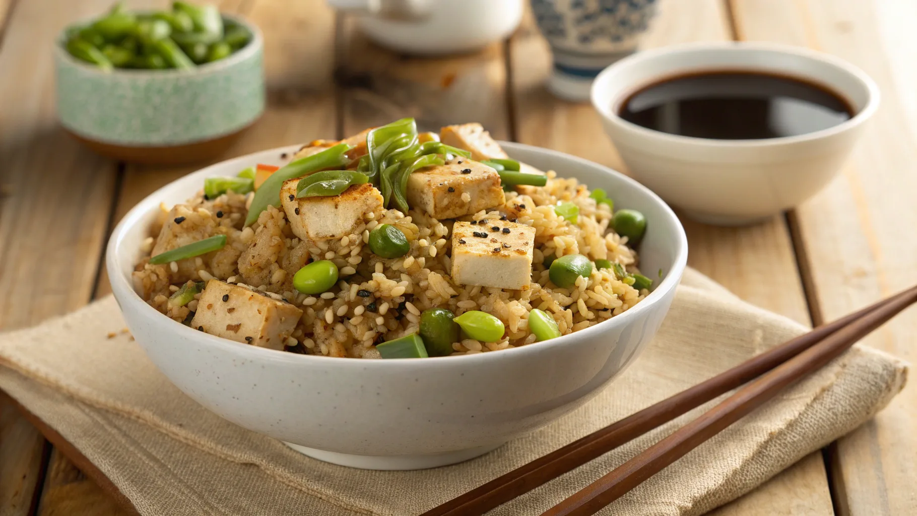 Overhead view of Trader Joe's Japanese-Style Fried Rice in a bowl, garnished with sesame seeds and green onions.