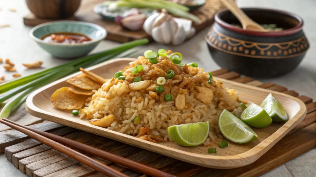 A seafood variation of Burmese garlic fried rice, topped with shrimp, green onions, and crispy garlic chips, served with lime wedges.