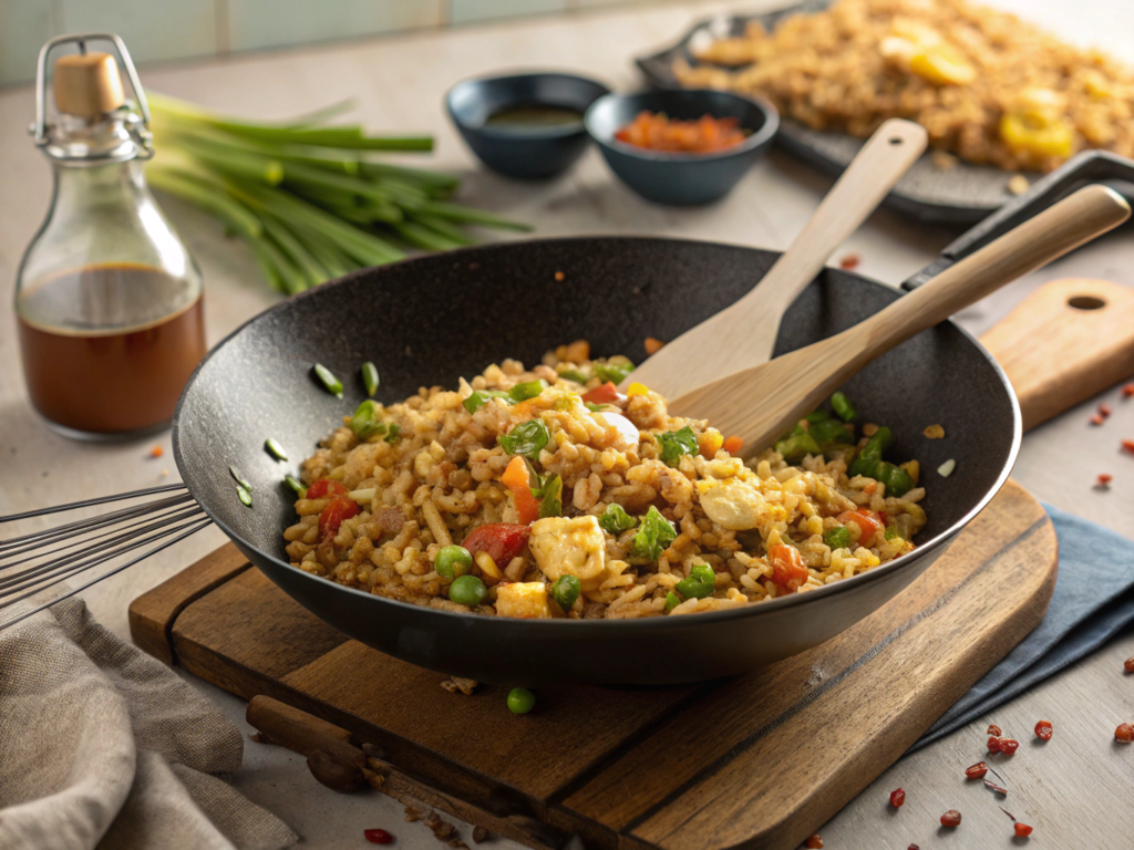 A wok filled with stir-fried Chinese fried rice, showcasing golden grains, vegetables, and scrambled eggs for a classic presentation.