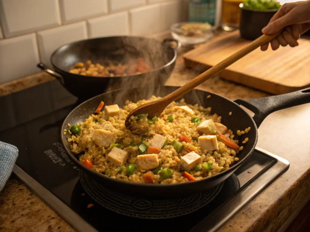 Trader Joe’s Japanese-Style Fried Rice being stirred in a skillet with tofu, edamame, and carrots.